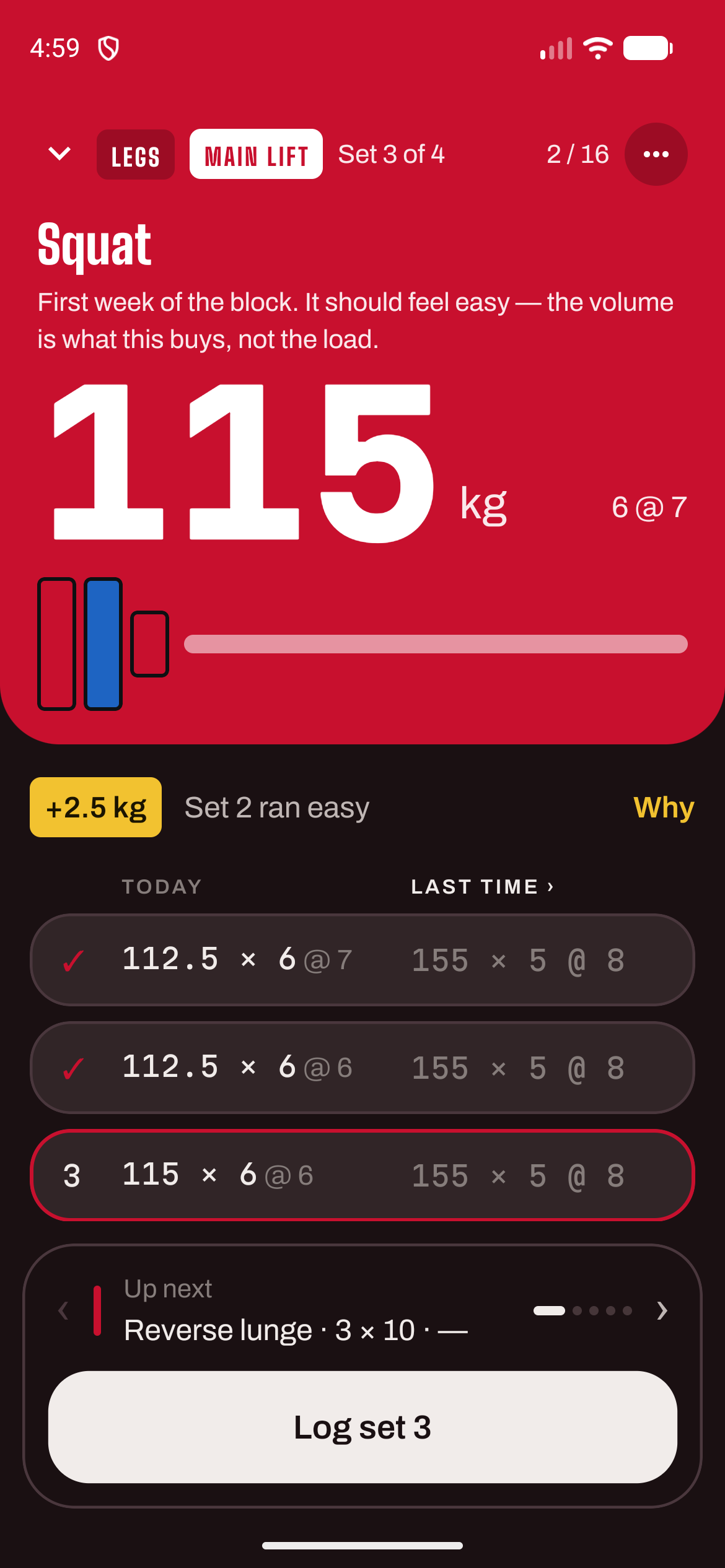 A squat set rated easy: the next set has moved up 2.5 kg, with a chip saying why.