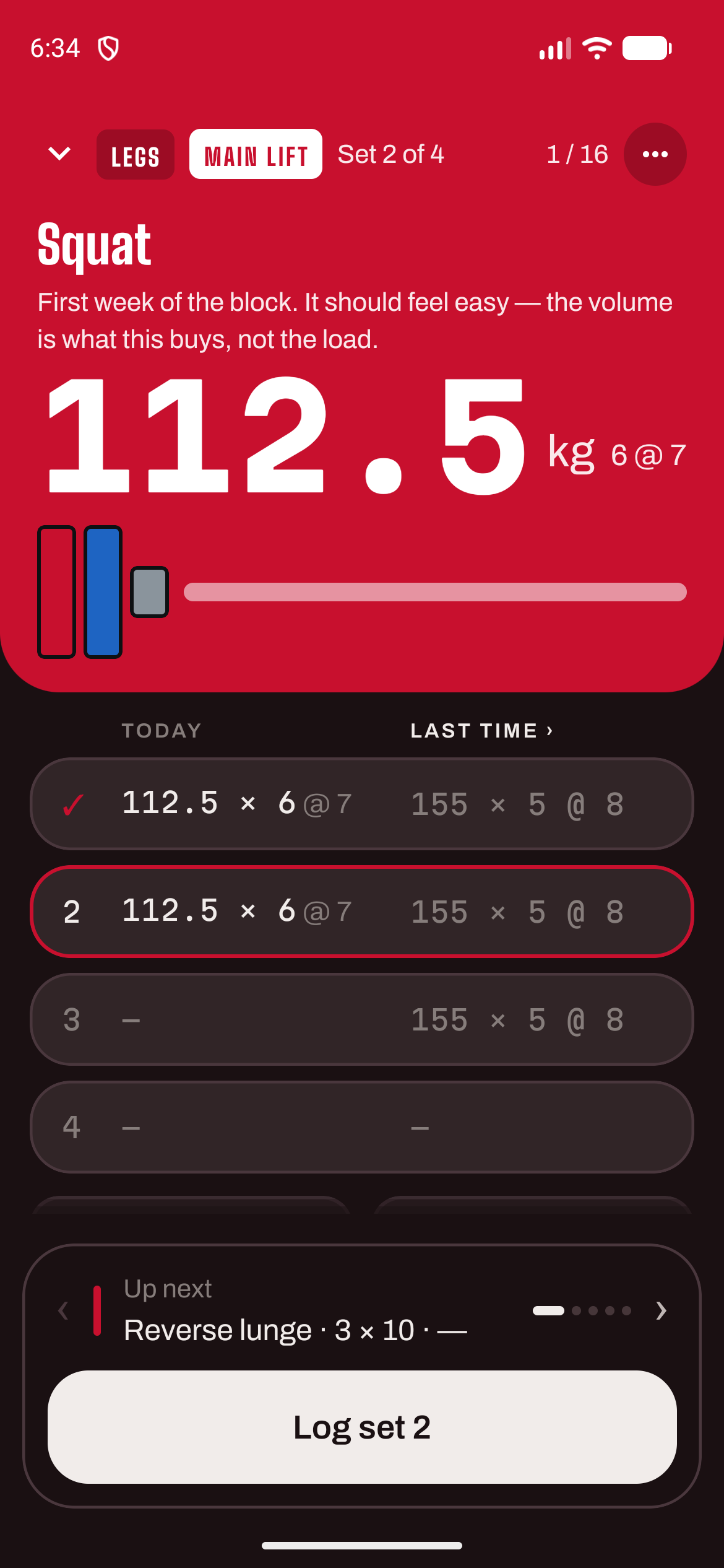 Squat, 112.5 kg for 6 at RPE 7, set 2 of 4, in the red LEGS block.