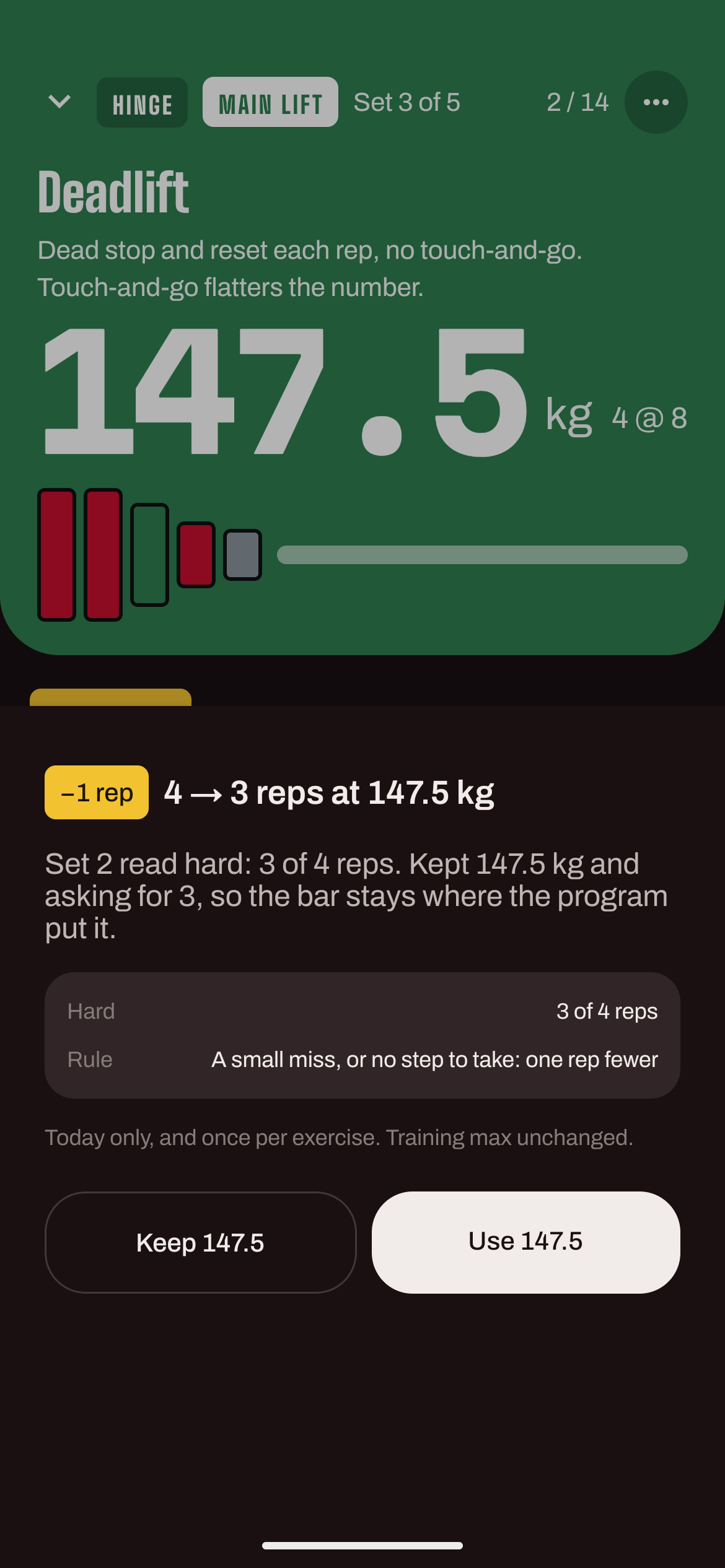 The Why sheet for a read set: 4 to 3 reps at 147.5 kg, set 2 read hard from 3 of 4 reps, the evidence and the rule.